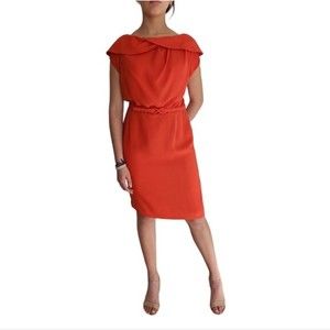 Escada Silk Belted Collared Knee Length Dress Orange Womens 38